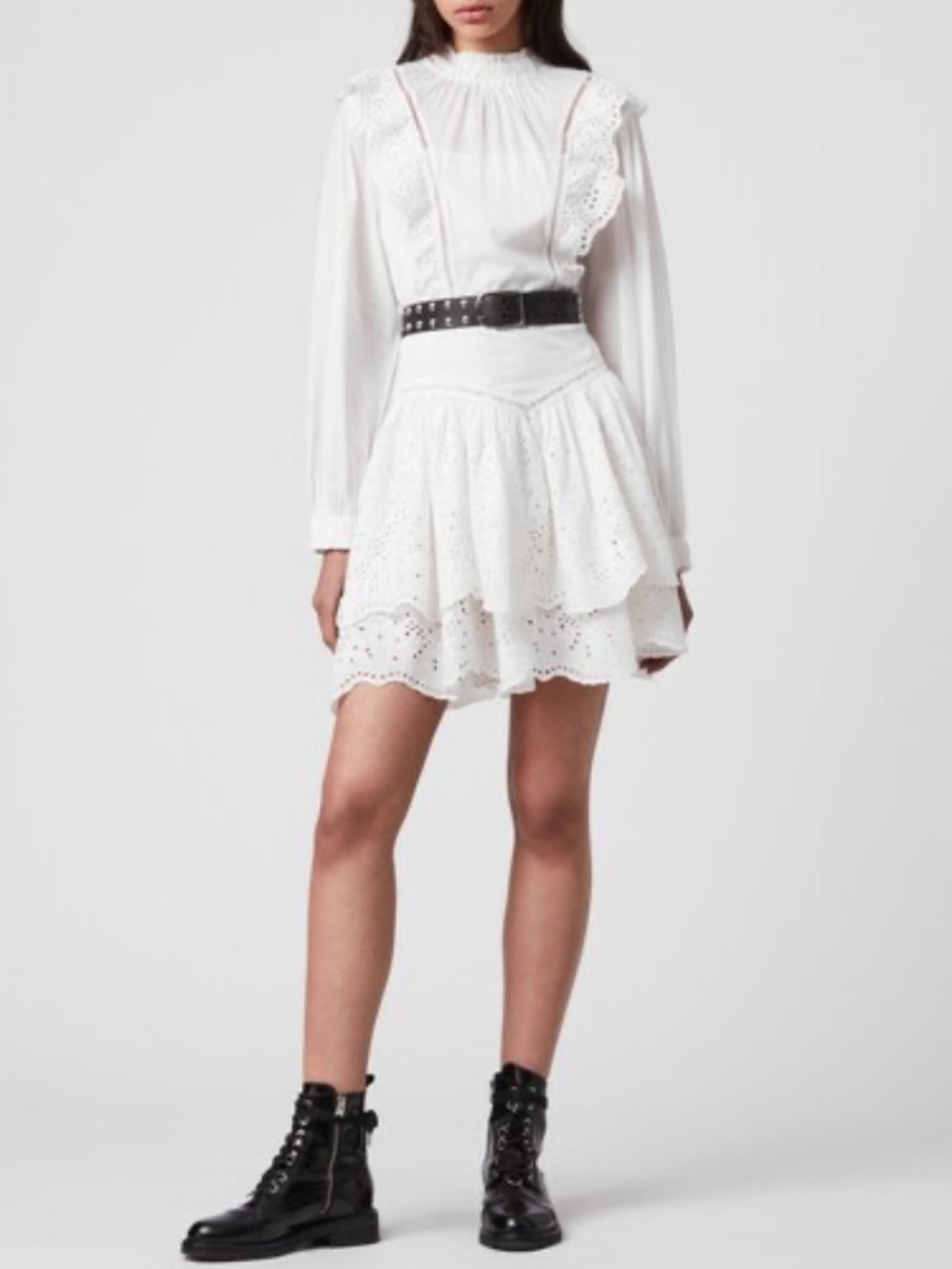 AllSaints White Cottage-core Ruffle Aislyn Broiderie Victorian Dress Size 4